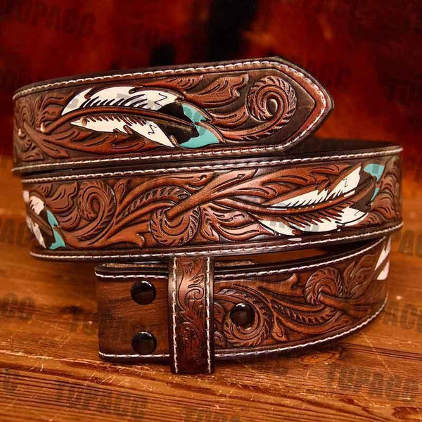 TOPACC Genuine Leather Feather Pattern Belt - Gifts for You 'n Me