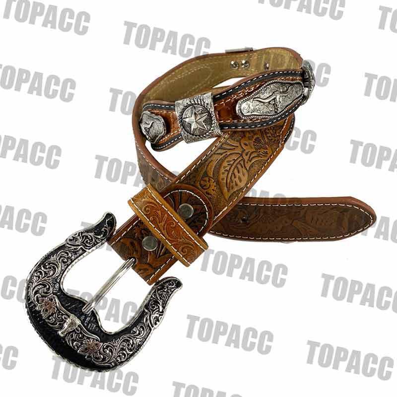 TOPACC Western Super Concho Silver Longhorn Cow Bull Brown Country Belts Genuine Leather - Gifts for You 'n Me