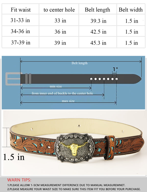 TOPACC Western Turquoise Belts - Texas Longhorn Belt Buckle