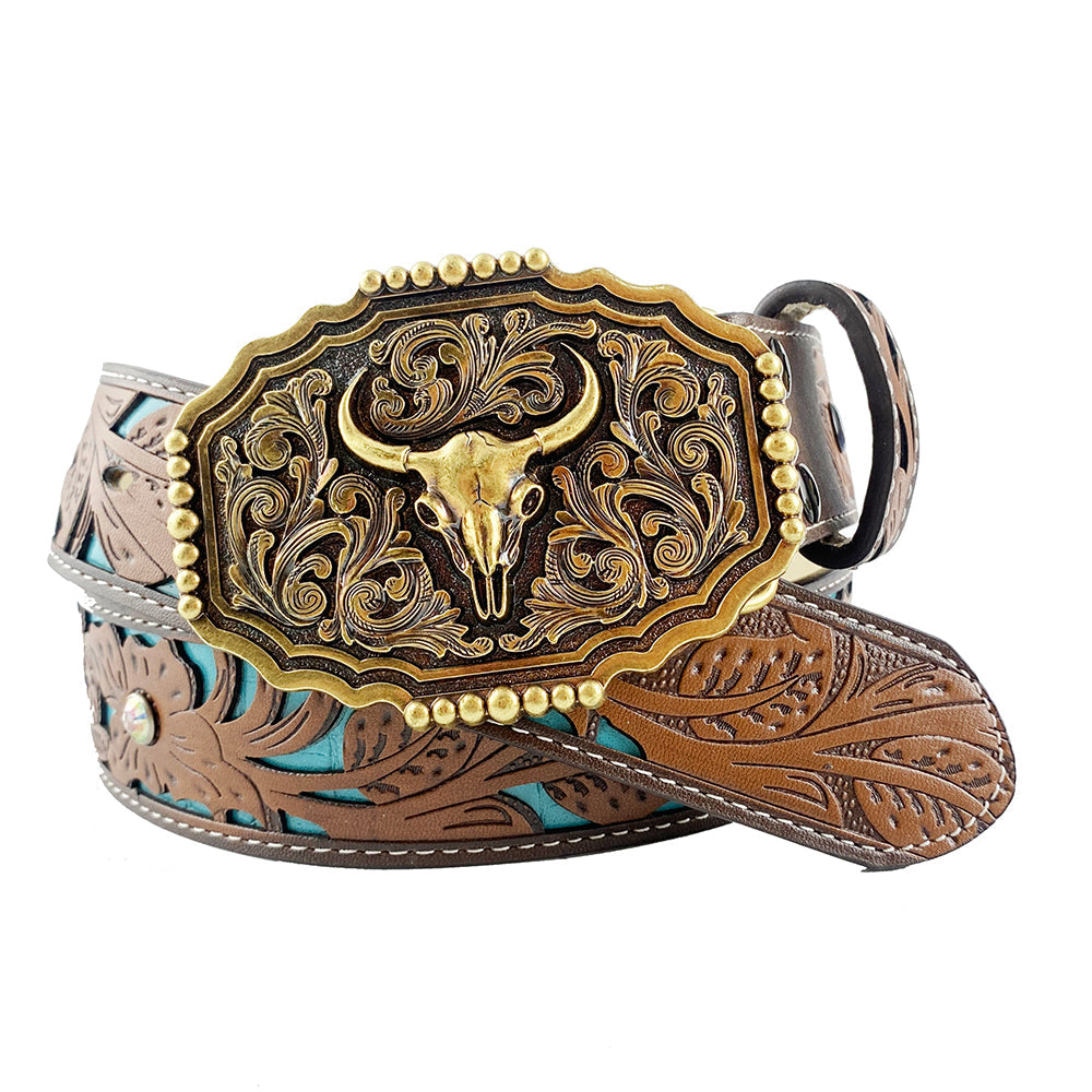 TOPACC Western Turquoise Belts - Copper Longhorn Cow Pattern Belt Buckle