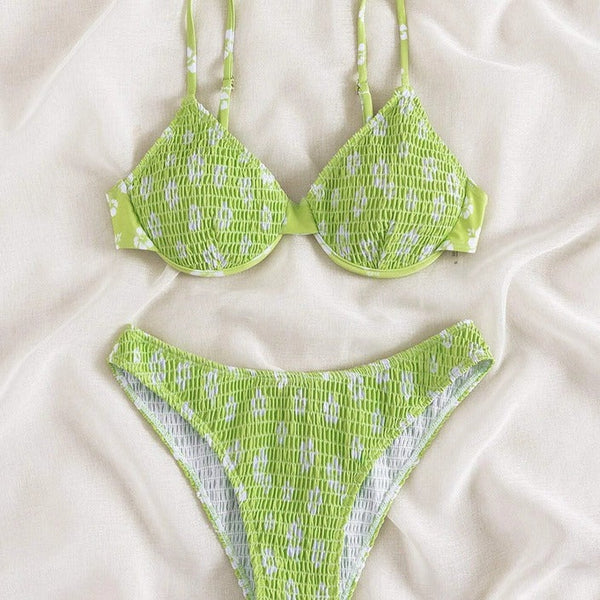 Bikini Ditsy Floral Tie Front Bandeau V Neck 2 Piece Swimsuit for Women – High Cut Cheeky Bikini Set with Hollow Out Detail and Stretchy Polyamide Fabric – Flirty Summer Beachwear for Poolside Style and Tropical Getaways