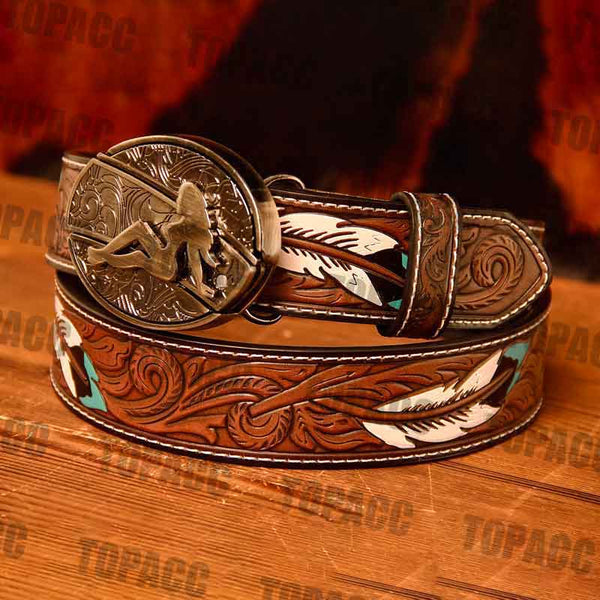Waist 42-46 inch Western Leather Feather Belt - Block Buckle