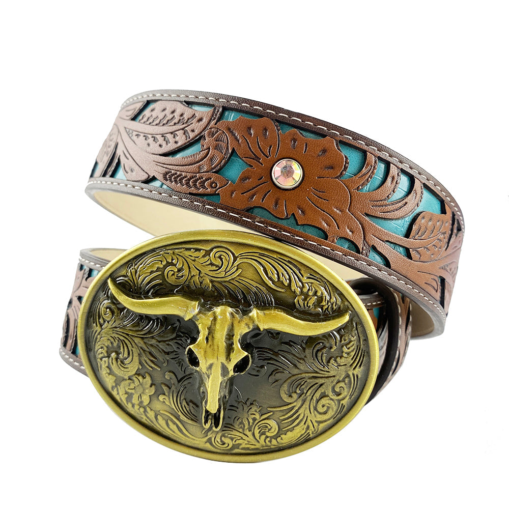 TOPACC Western Turquoise Belts - Longhorn Cow Bull Belt Buckle Copper/Bronze
