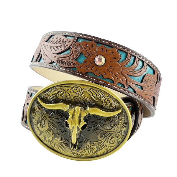 TOPACC Western Turquoise Belts - Longhorn Cow Bull Belt Buckle Copper/Bronze