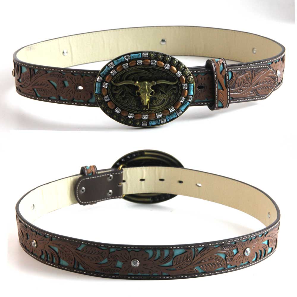 TOPACC Western Turquoise Belts - Turquoise Longhorn Cow Bull Belt Buckle Copper/Bronze