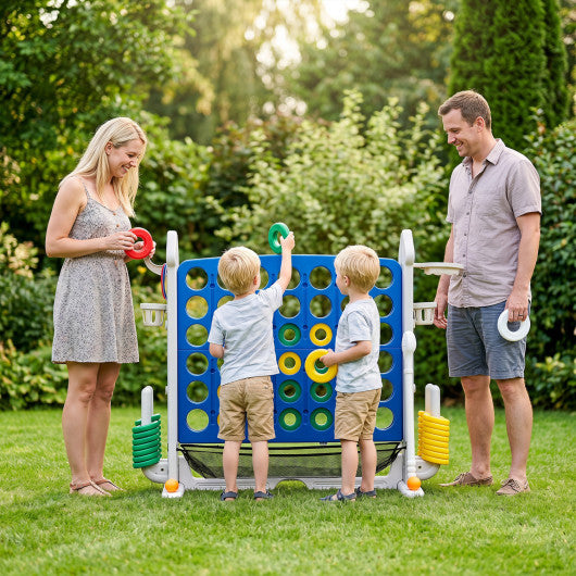 4-in-1 Height Adjustable Row Connect Game with Mesh Net and Carrying Bag-Blue