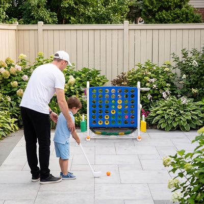 4-in-1 Height Adjustable Row Connect Game with Mesh Net and Carrying Bag-Blue