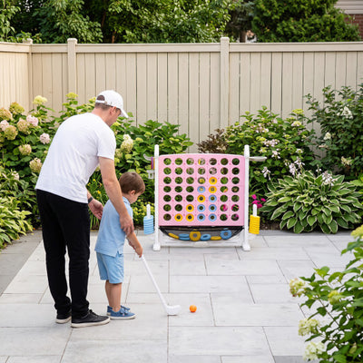 4-in-1 Height Adjustable Row Connect Game with Mesh Net and Carrying Bag-Pink