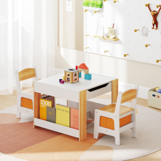 4 in 1 Kids Toddler Activity Table and Chairs Set with Reversible Tabletop-Natural