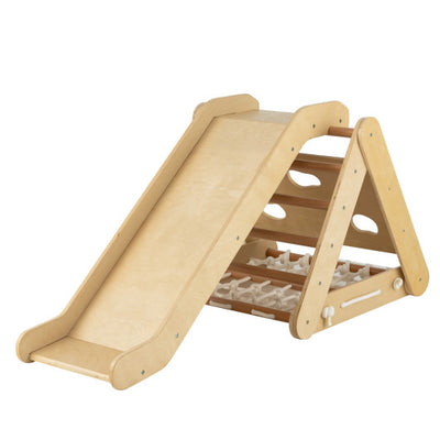 Patented 4 in 1 Triangle Climber Toy with Sliding Board and Climbing Net-Natural