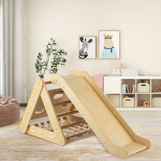 Patented 4 in 1 Triangle Climber Toy with Sliding Board and Climbing Net-Natural