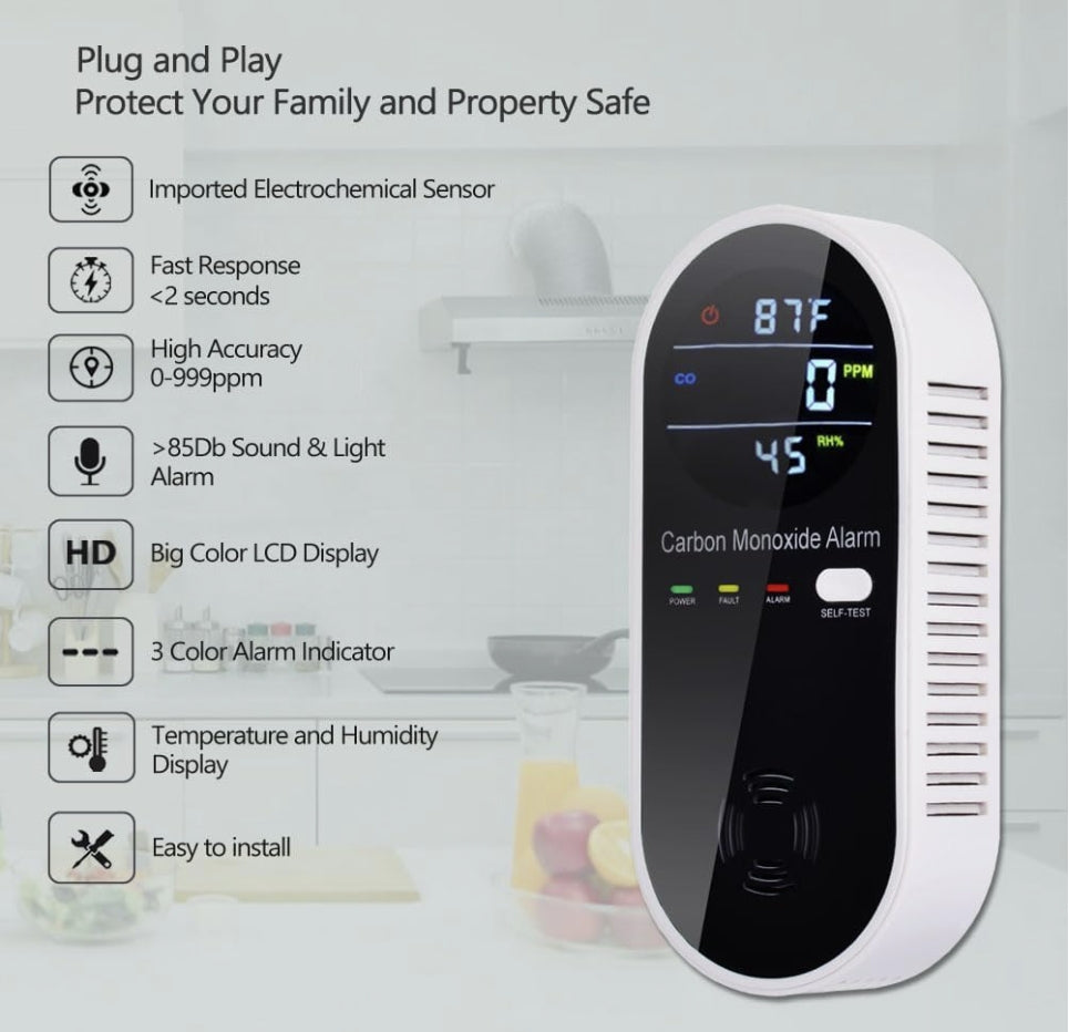 3-in-1 Carbon Monoxide Detector, Carbon Monoxide Detector Plug in Wall with Temperature & Humidity Display