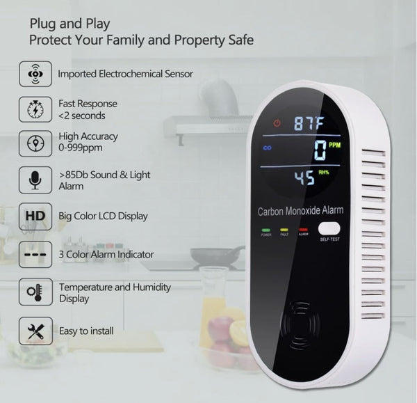3-in-1 Carbon Monoxide Detector, Carbon Monoxide Detector Plug in Wall with Temperature & Humidity Display