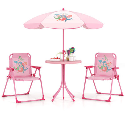 4 Pieces Kids Picnic Set with 2 Folding Chairs and Height Adjustable Umbrella-Pink