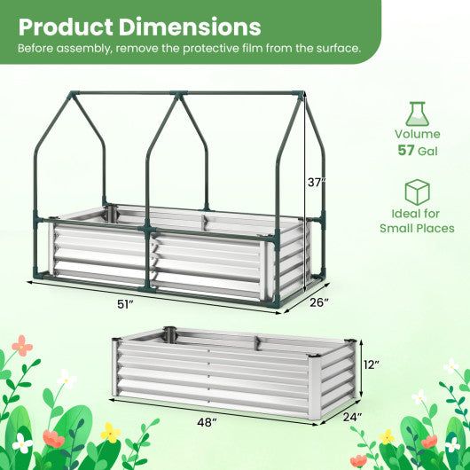 4 x 2 x 3 Feet Small Galvanized Raised Garden Bed with Greenhouse Cover-Silver
