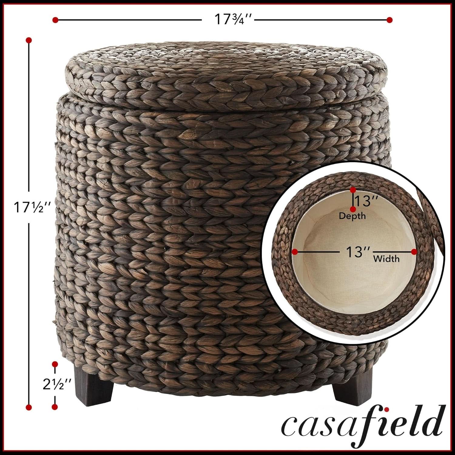 Espresso Handwoven Water Hyacinth Seventeen Inch Ottoman