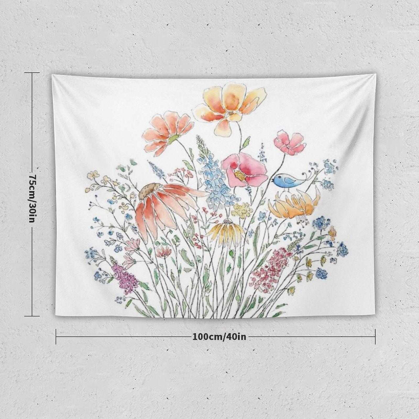 Hand Painted Wild Flower Bouquet And Blue Bird-line And Watercolor 2 Tapestry