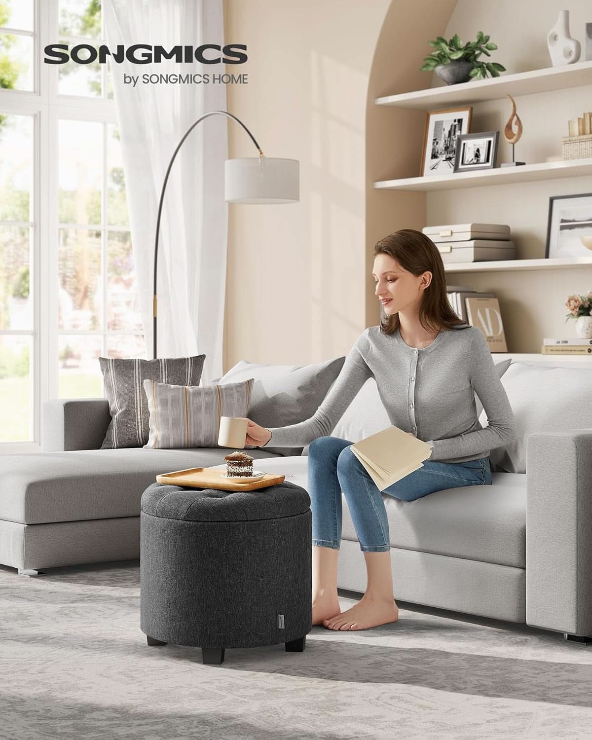 Dark Gray Round Ottoman 17InchesDiameter With Storage