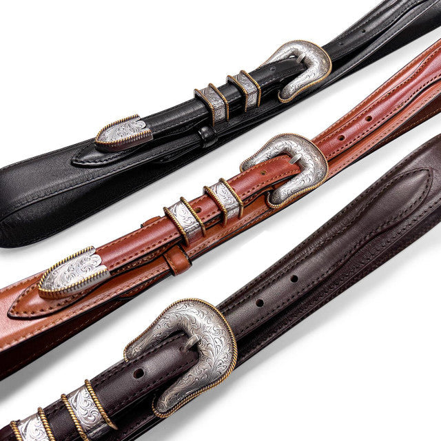 Western Ranger Antique Gold Engraved Buckle Genuine Cowhide Leather Belt