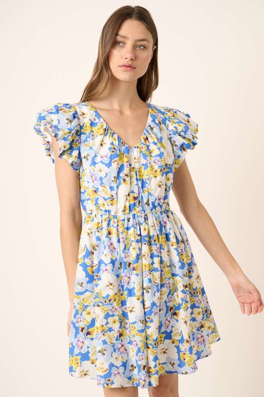 New Summer Floral V-Neck Cap Sleeve Mini Dress For Women – Charming Floral Print Mini Dress with V-Neckline and Cap Sleeves