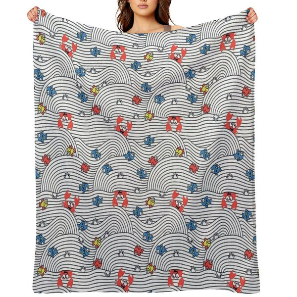 Grafic Waves from Stripes with Fish And Crabs. Sea Seamless Pattern. Throw Blanket