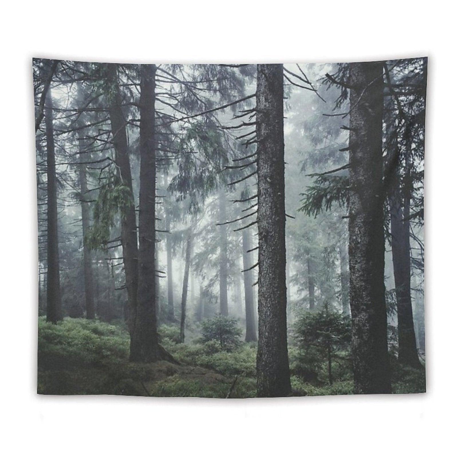 Path Vibes  Wild Romantic Misty Retro Fall Wilderness Fairytale Forest With Cascadia Trees Covered In Magic Blue Fog Season Tapestry