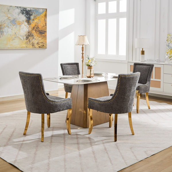Chenille Dining Chairs Modern Style with Curved Gold-Plated Legs & Rivet Trim