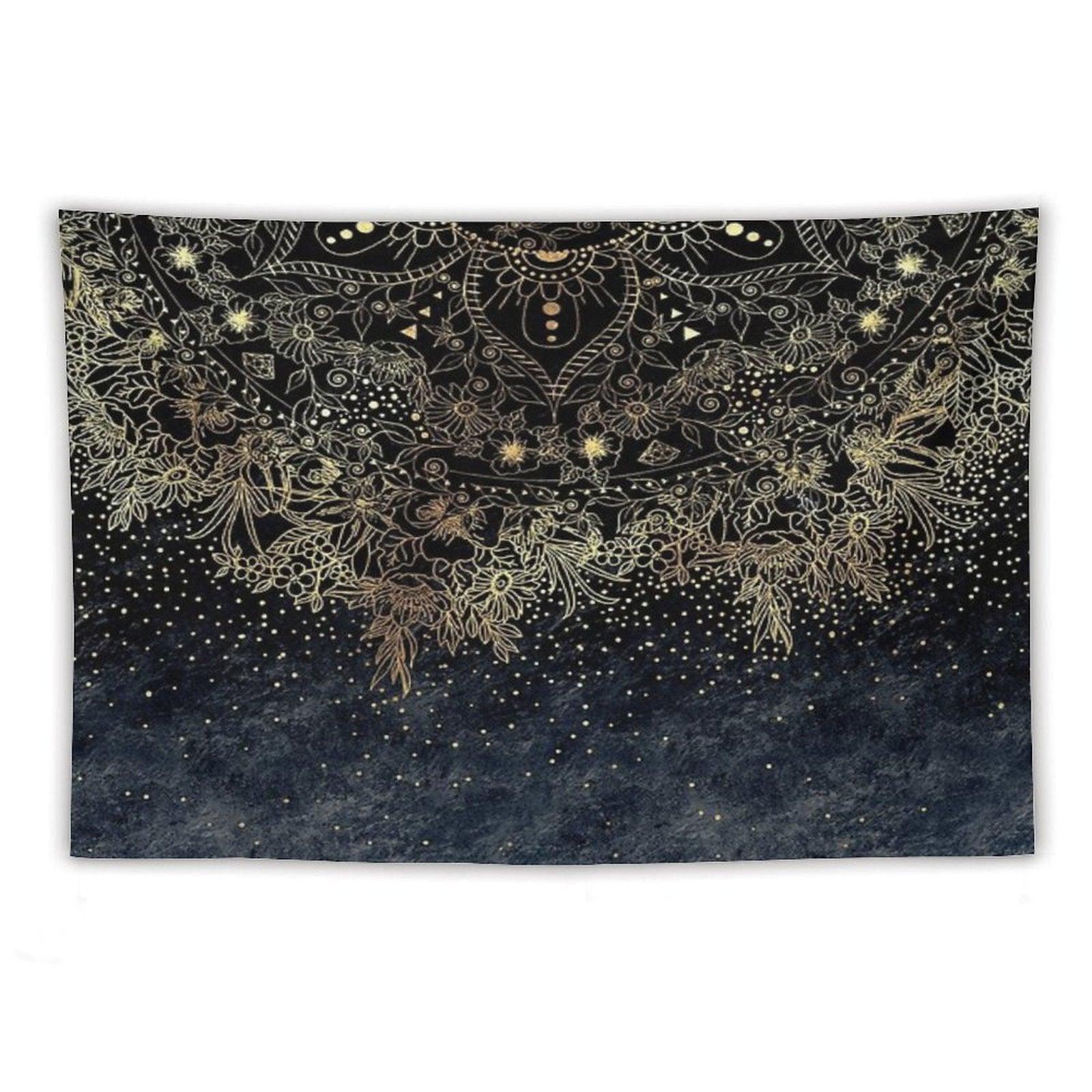 Blue Gold Mandala Floral Tapestry