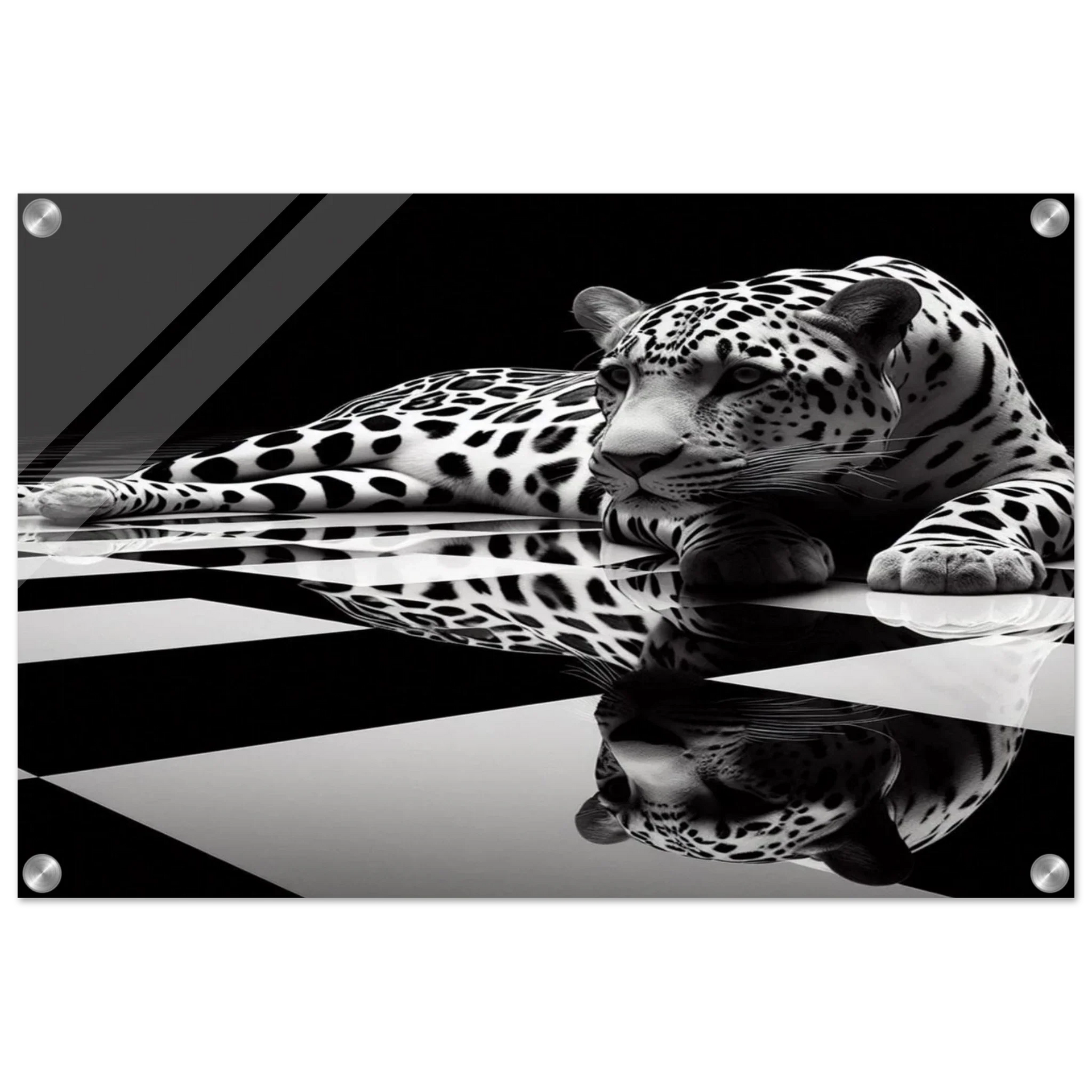Leopard Acrylic Print on Black and White Checkered Floor – Glossy Finish Wall Art