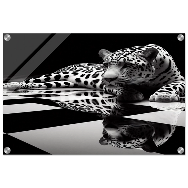 Leopard Acrylic Print on Black and White Checkered Floor – Glossy Finish Wall Art