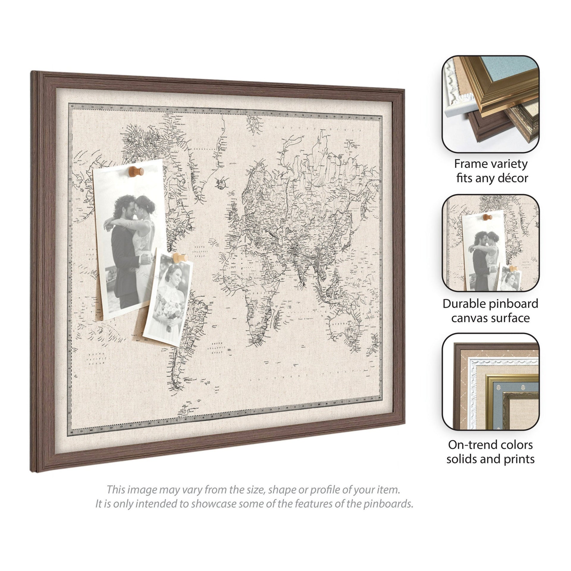Framed Fabric Pinboard Vintage Black and White Linen World Map Wall Organization