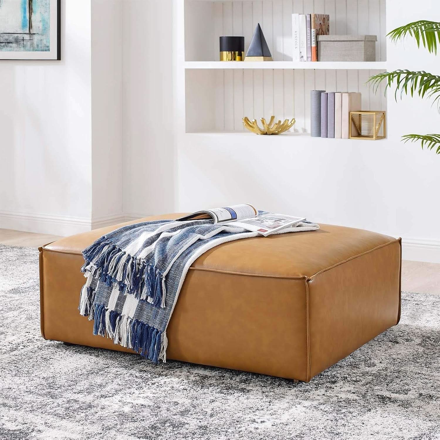 Tan Vegan Leather Contemporary Sectional Sofa Ottoman