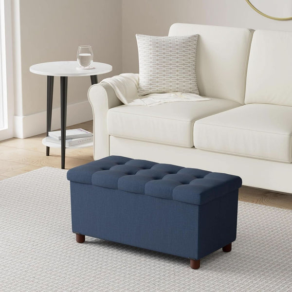 Blue Linen 30-Inch Storage Ottoman Bench Removable Lid