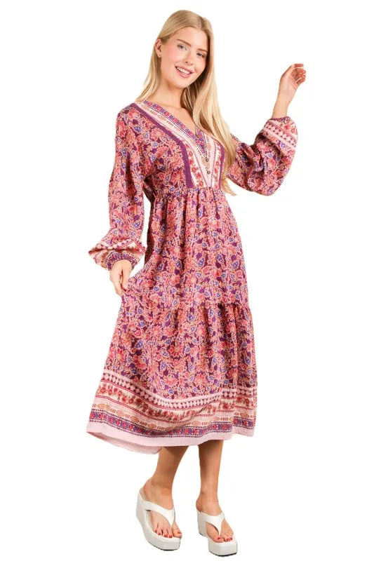 Floral Printed Boho V-Neck Balloon Sleeve Dress For Summer – Boho V-Neck Dress, Balloon Sleeve Dress, Floral Printed Dress, Feminine Boho Dress, Chic Summer Dress