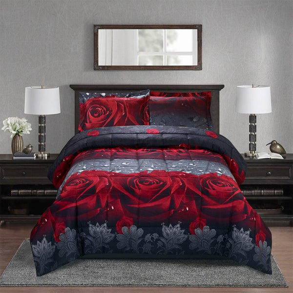 Closeout - 3D Print Red Rose Love All Season Comforter Set-Y28