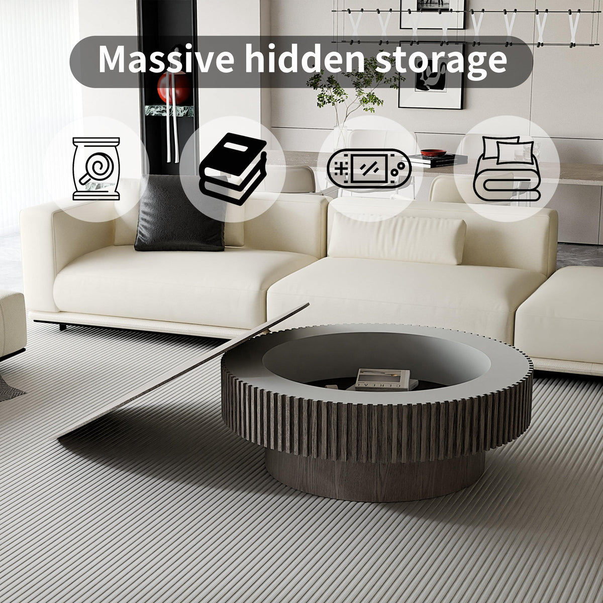 Modern Gray Round Mushroom Coffee Table with Hidden Storage