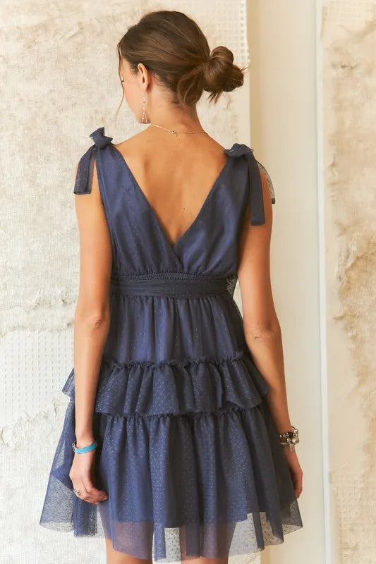 Tie Shoulder Polka Dot Mesh Dress For Women – Flirty Retro Polka Dot Elegant Dress with Adjustable Ties & Sheer Mesh Fabric For Special Occasions