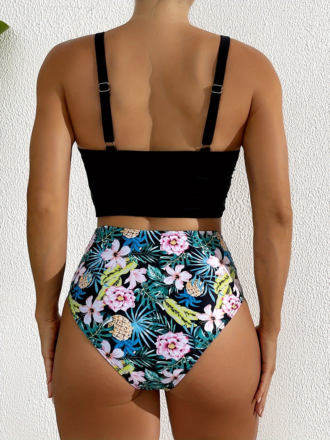 Bikini Solid Black Twist Front High Waist 2 Piece Swimsuit for Women – Stretchy V Neck Bikini Set with Ruched Tummy Control and Cross Strape Detail – Quick Drying Polyamide Swimwear for Beachwear Poolside and Summer Travel