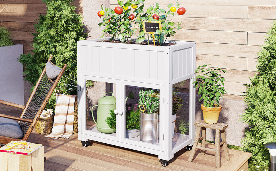 Patio 35.4''x17.7''x37.4'' Mini Wood Cold Frame, Compact 2 Doors Garden Greenhouse with Wheels, Raised Bed with Liner for Indoor Outdoor Use, White