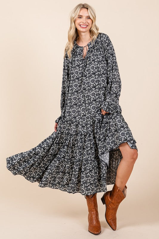 Printed Tie Neck Flounce Sleeve Midi Dress For Women – Fluttering, Feminine and Playful Midi Dress with Ruffled Details