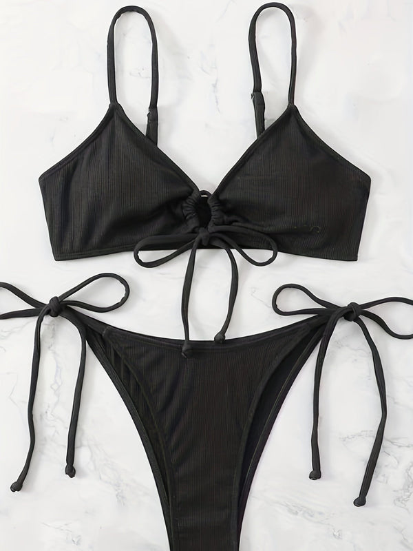 Bikini Solid Rib Knit 2 Piece Swimsuit – Ring Link Tie Front Triangle Bikini Set for Women – Hollow Out High Stretch V-Neck Top with Tie Side Bottoms – Trendy Beach & Pool Swimwear for Summer