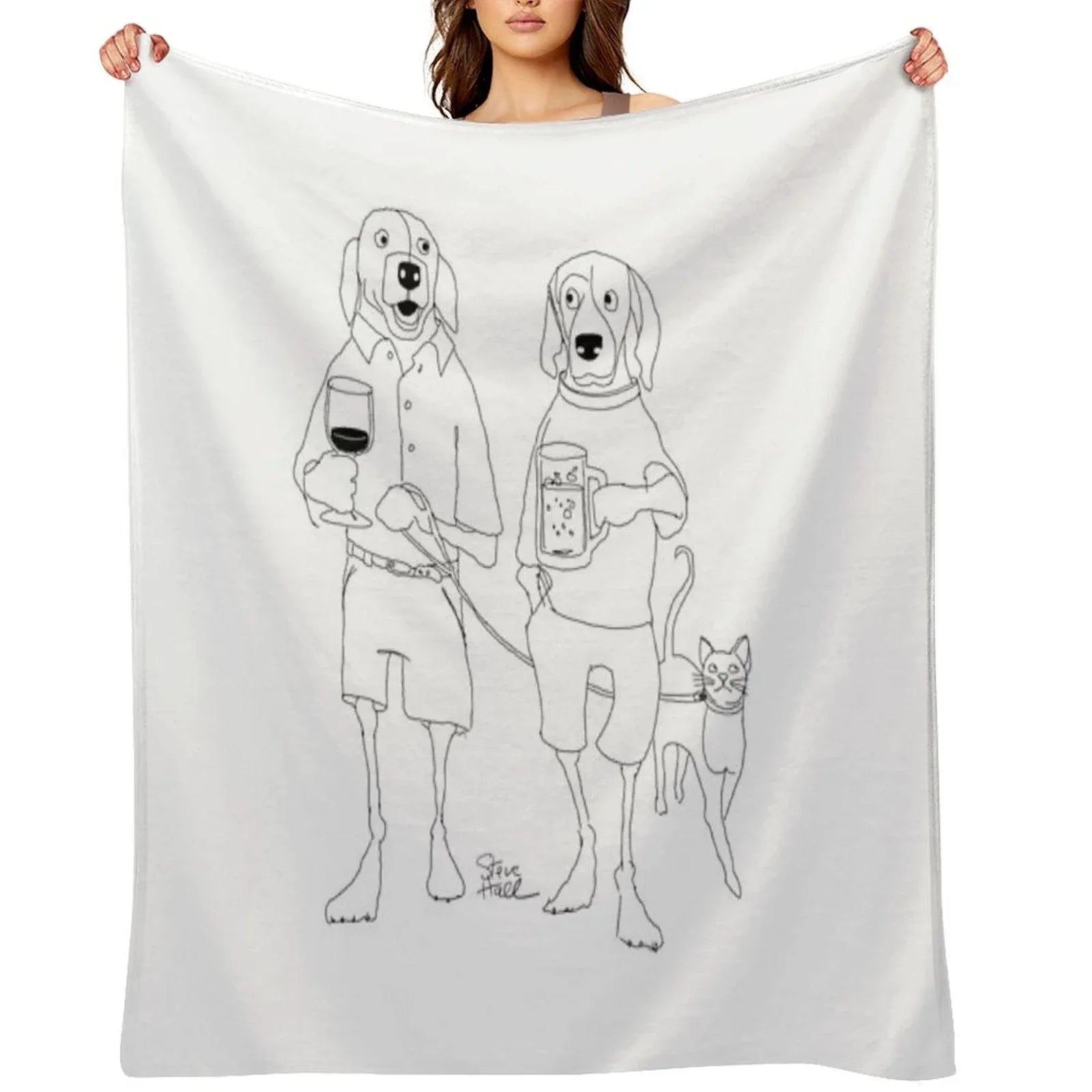 Dogs Casually Walking with Drinks And Leashed Cat Throw Blanket