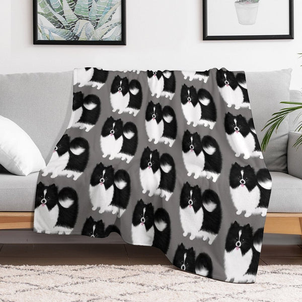 Black And White Parti Pomeranian  Cute Black And White Fluffy Dog Durable Throw Blanket