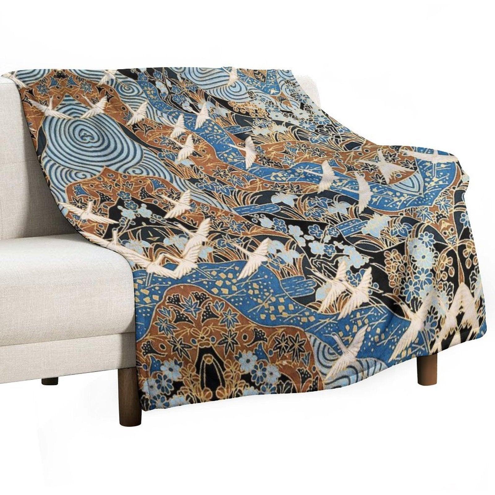 FLYING WHITE CRANES ON BLUE WATER AND SPRING FLOWERS  Antique Japanese Floral Throw Blanket