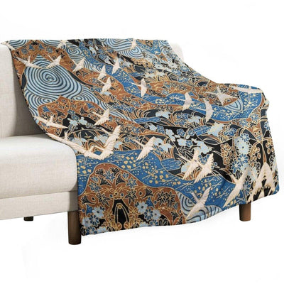 FLYING WHITE CRANES ON BLUE WATER AND SPRING FLOWERS  Antique Japanese Floral Throw Blanket