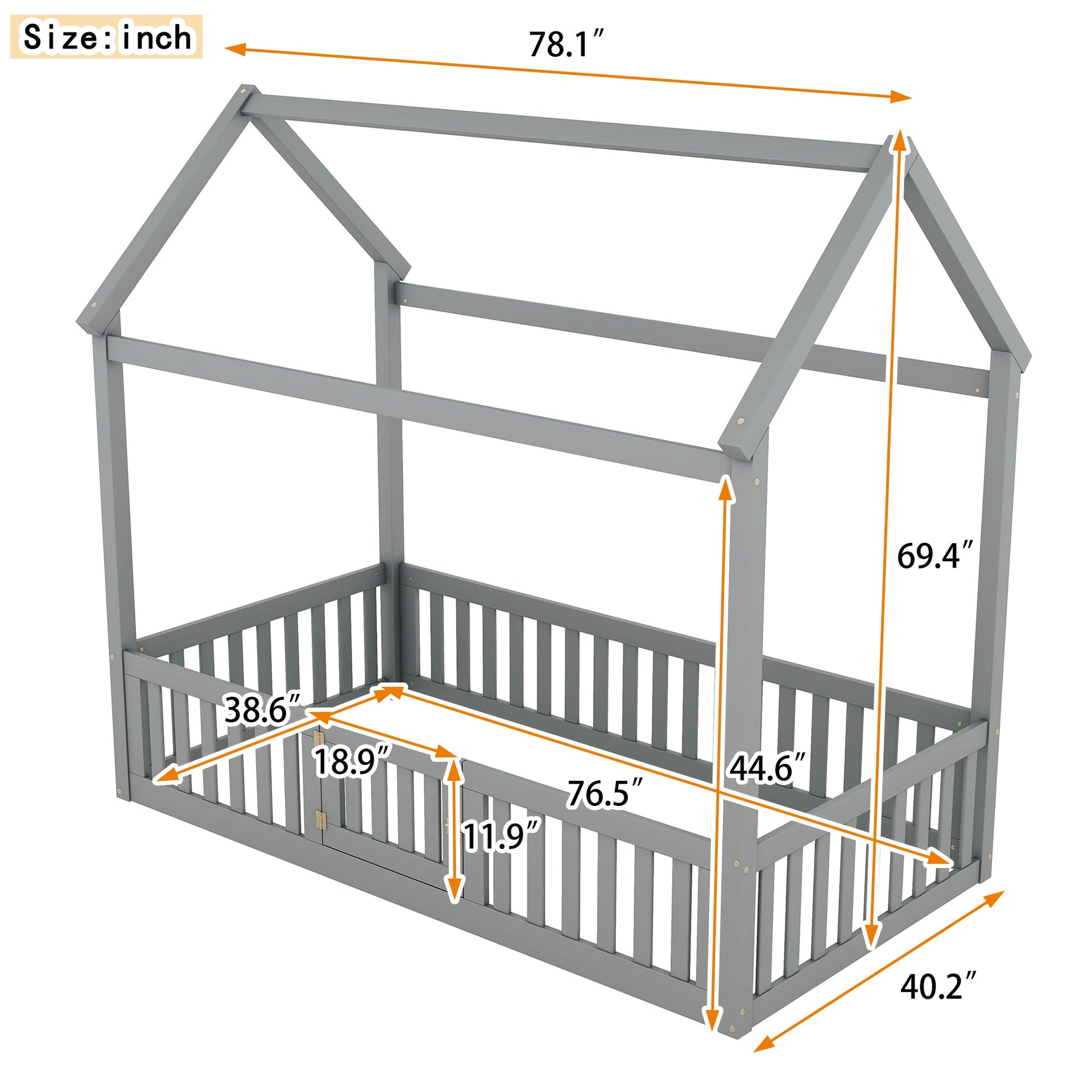Twin Size Wood House Bed with Fence and Door - Gray