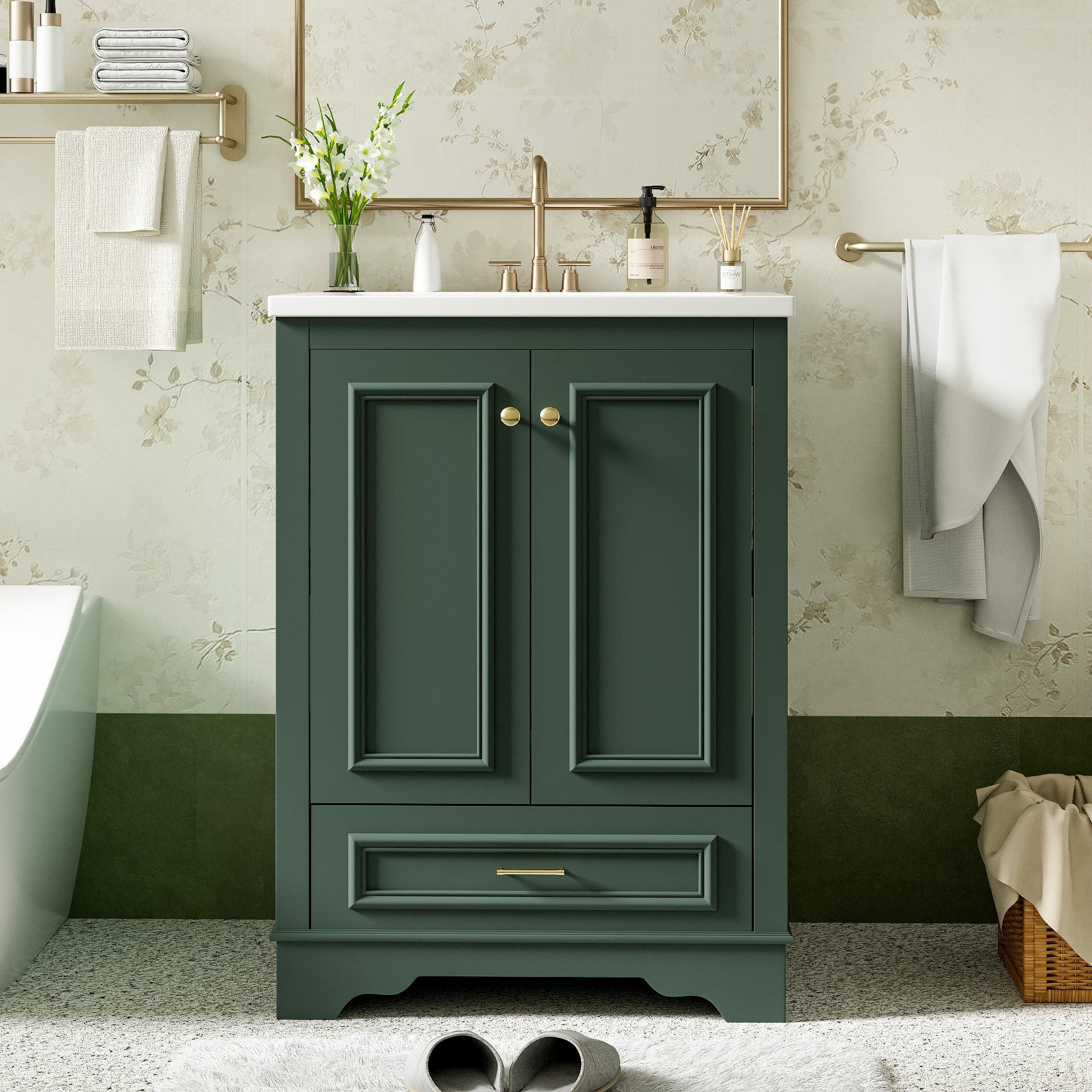 Bathroom Vanity with Ceramic Sink and Modern Freestanding Storage Cabinet, Soft-Close Doors
