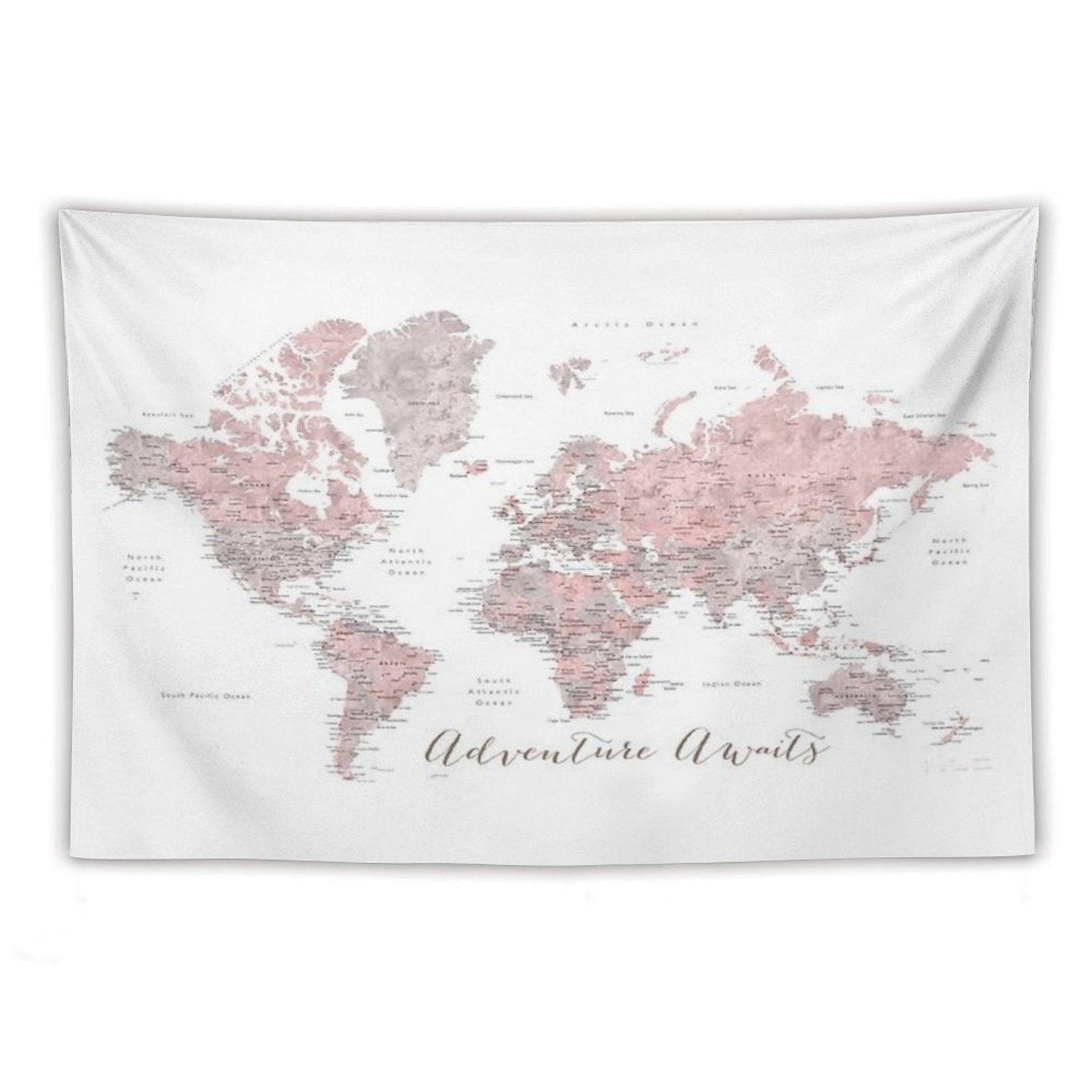 World Map Adventure Awaits in Dusty Pink And Grey Tapestry