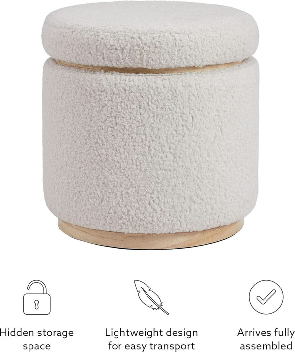 Cream Sherpa Deluxe Storage Ottoman Solidwood Base