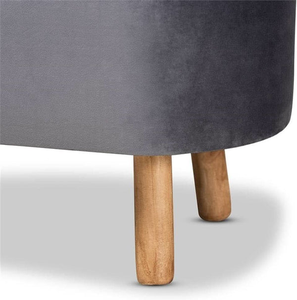 Greyish Velvety Upholstered Wood Ottoman Mid Century